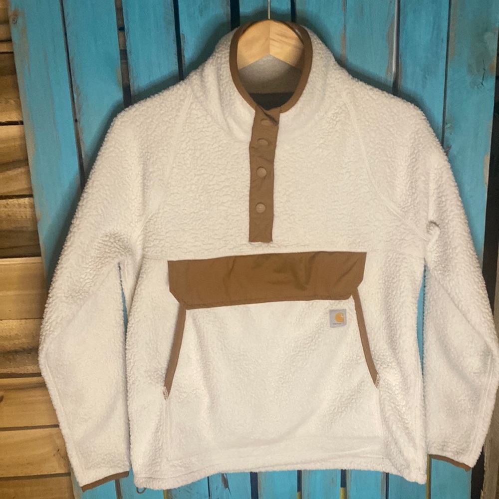 Carhartt women’s relaxed fit fleece pullover jacket white tan size small